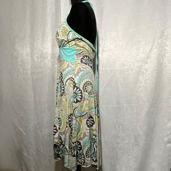 Baby Phat Halter Dress L Boho Floral Print Aqua Brown Asymmetrical Hem Y2K Retro - Picture 3 of 14